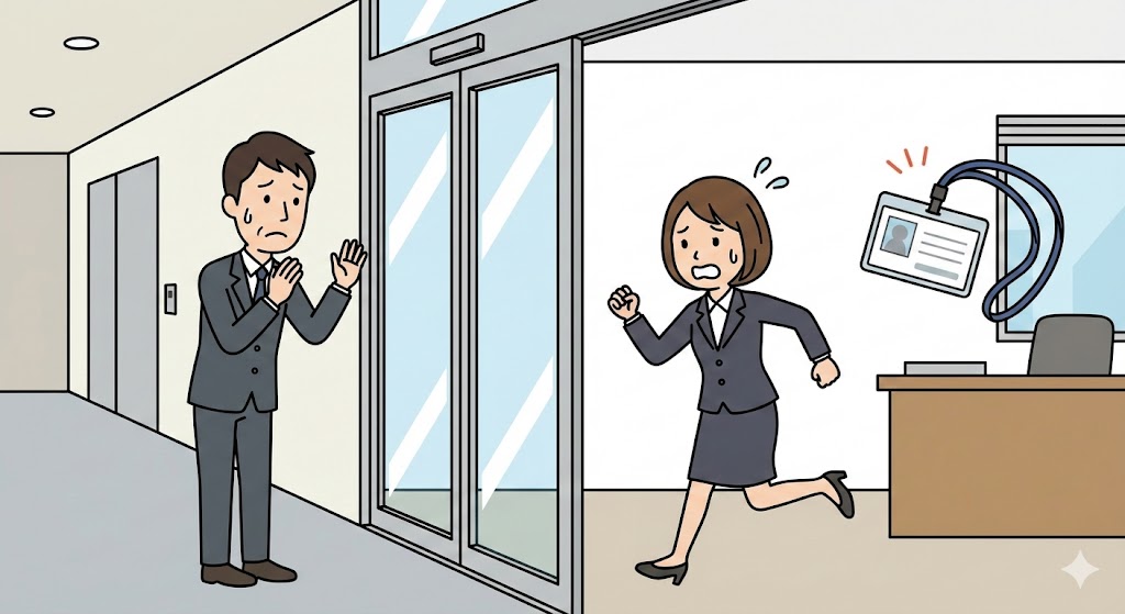 セキュリティカードを忘れてオフィスに入れない男性のイラスト