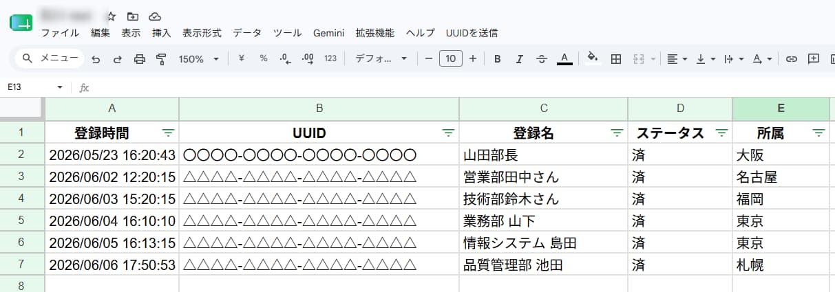 U-GATEのスプレッドシート